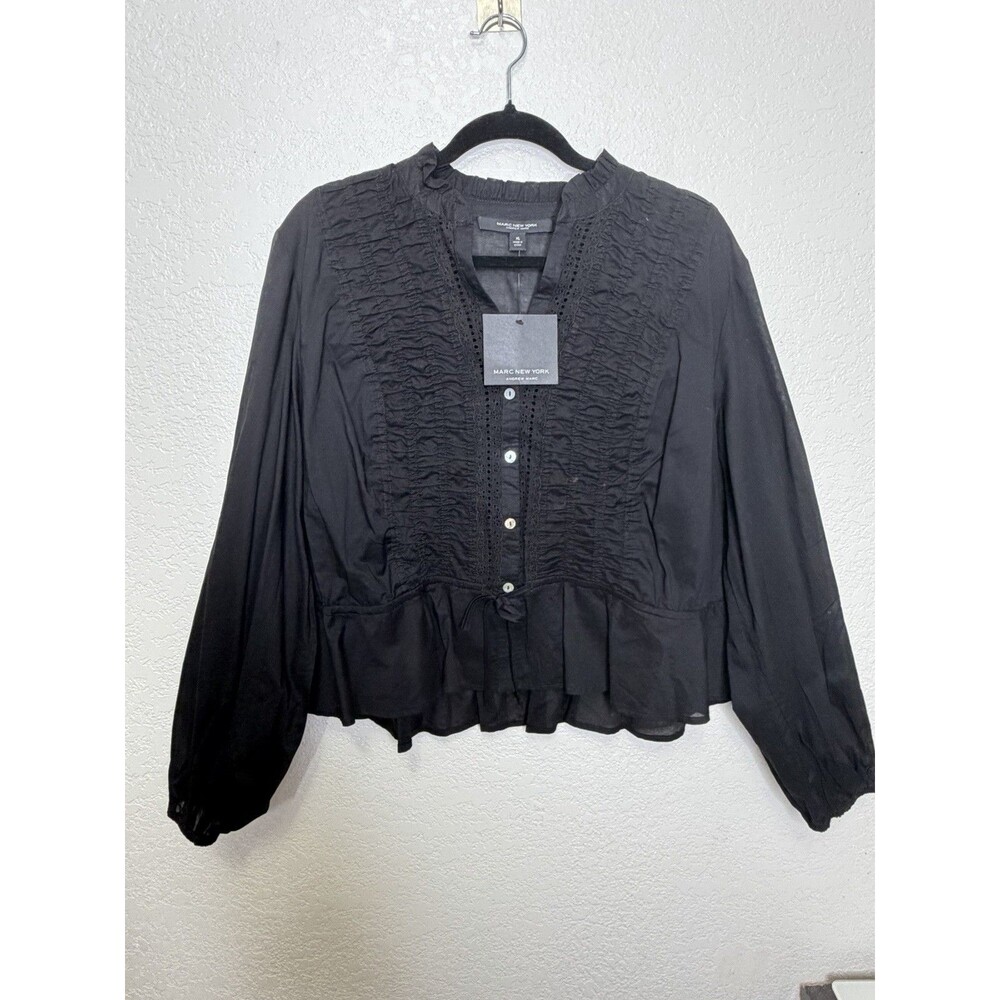 Marc New York Black Button Front Peasant Blouse Sz XL Ruffle Hem Boho Cottage